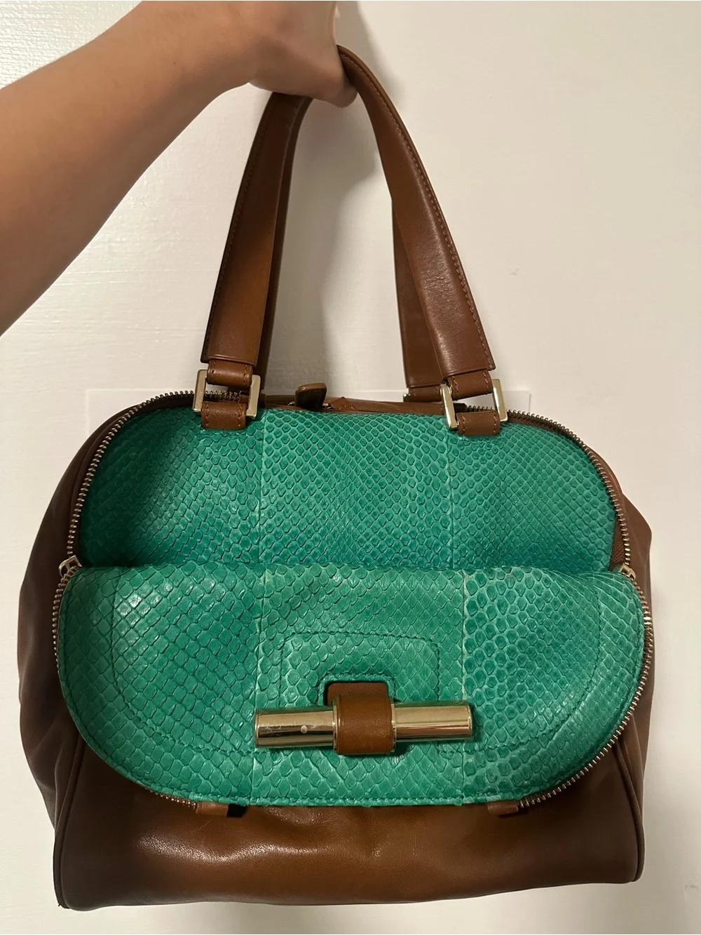 JIMMY CHOO AUTHENTIC Brown & Teal Green Python snake and Leather Bowler Bag